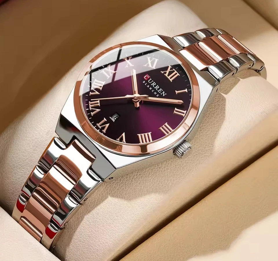 CURREN Women's Quartz Analog Watch Date Purple Dial Roman 2-Tone Steel Bracelet