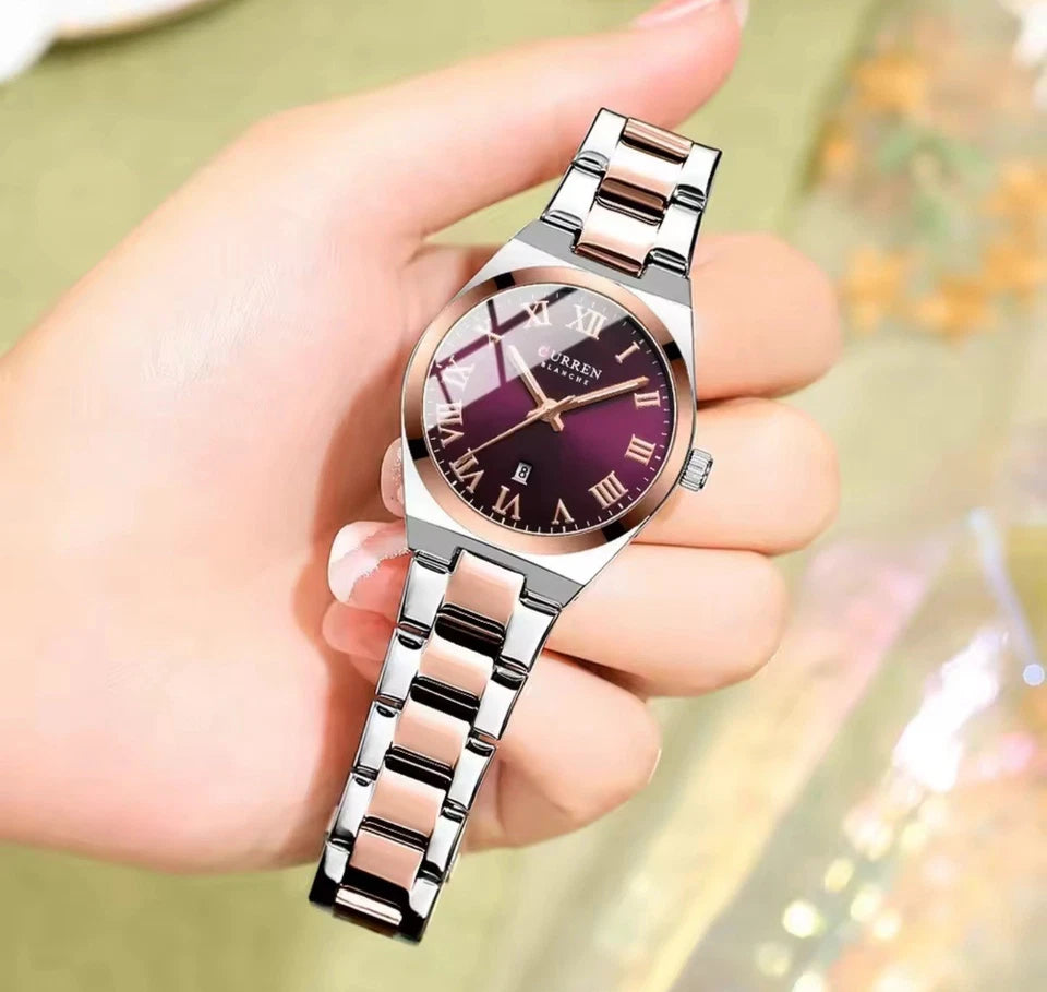 CURREN Women's Quartz Analog Watch Date Purple Dial Roman 2-Tone Steel Bracelet