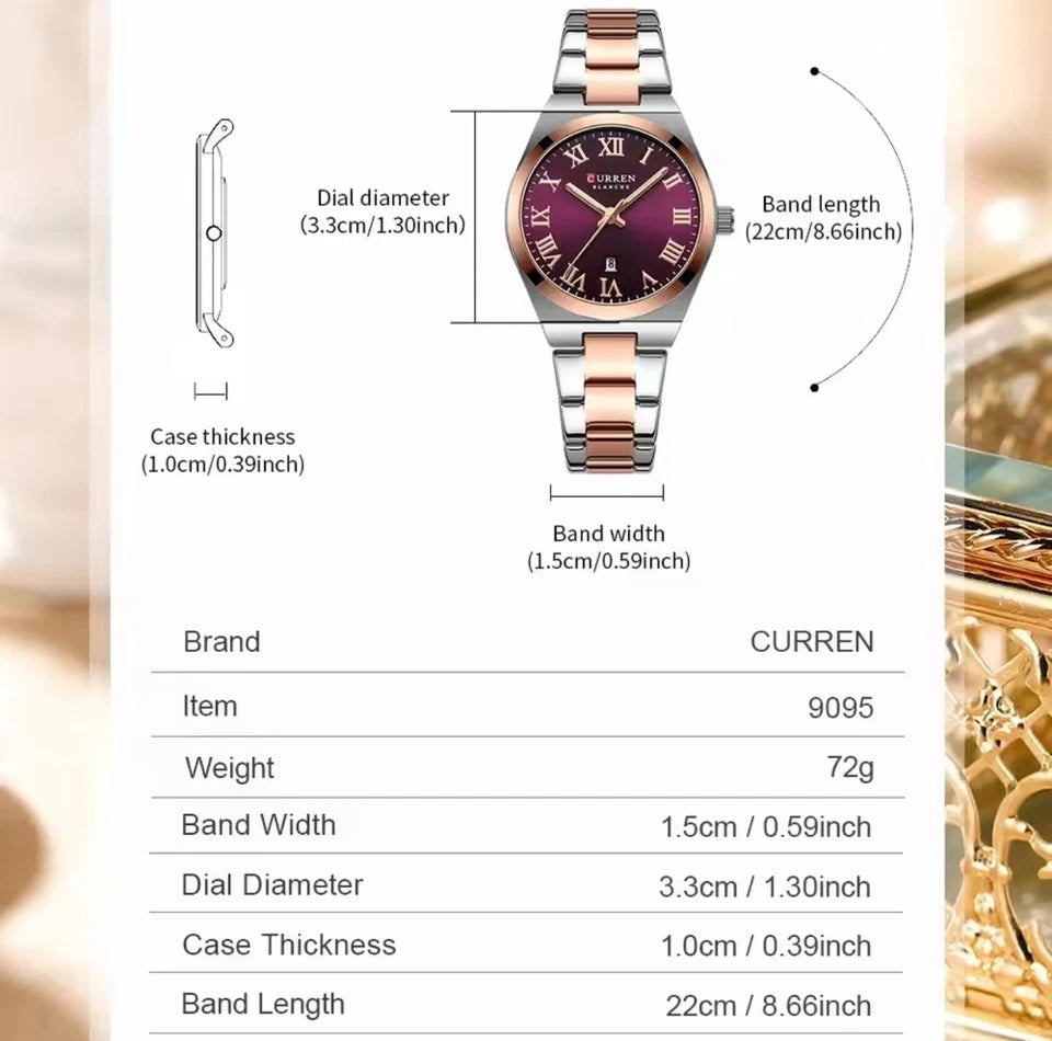 CURREN Women's Quartz Analog Watch Date Purple Dial Roman 2-Tone Steel Bracelet
