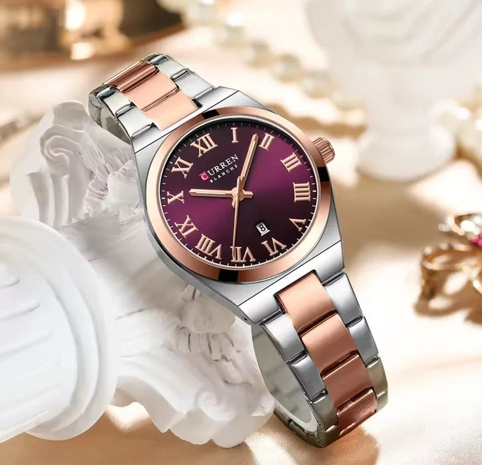 CURREN Women's Quartz Analog Watch Date Purple Dial Roman 2-Tone Steel Bracelet