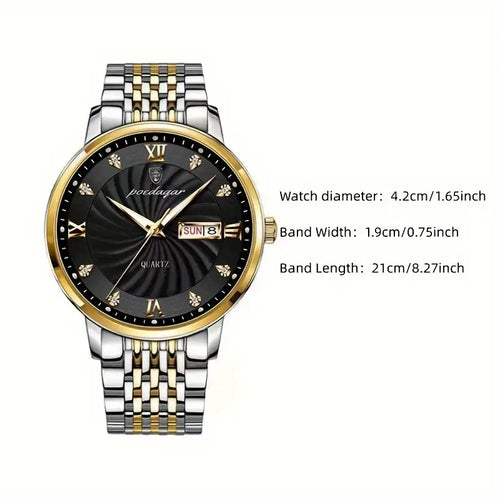 Luminous Quartz Stainless Steel Watch Business Waterproof Timepiece Calendar